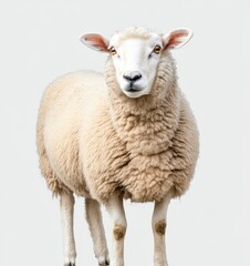 Fototapeta premium A full-body photograph of an isolated sheep on a light grey background, ultra-realistic photography with copy-space. 