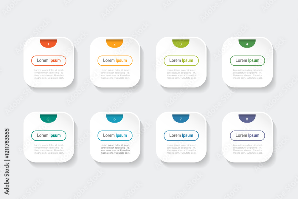 Sticker business concept with 8 steps, grey rectangle and multicolor label ,design for workflow layout, diag