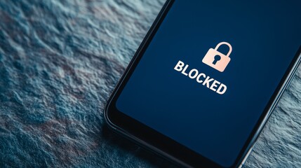 A smartphone displaying the word BLOCKED along with a padlock icon, suggesting restricted access, Ideal for topics related to cybersecurity, online privacy, or digital security measures,