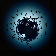 Earth silhouette transforming into flying birds with glowing edges on dark blue background