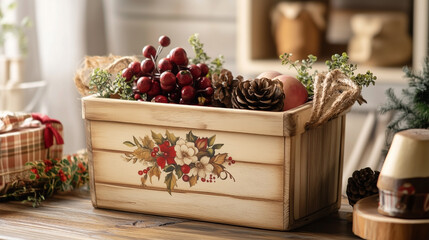 A wooden box with a floral design on it