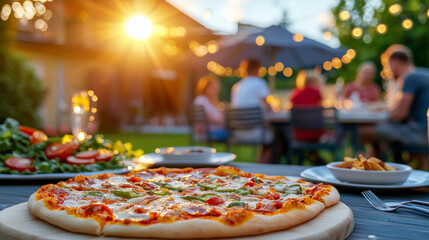 Delicious homemade pizza served at family gathering, with beautiful sunset and outdoor ambiance. Enjoying quality time with loved ones in cozy setting