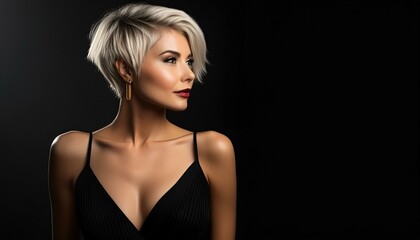 Fototapeta premium studio portrait of a blonde woman with short hair and nude shoulders wearing a low cut black mini dress on a black background, space for text on the right, fashion photography 