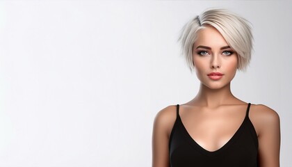 Fototapeta premium studio portrait of a blonde woman with short hair and nude shoulders wearing a low cut black top on a white background, space for text on the left, fashion photography 