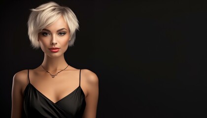 Naklejka premium studio portrait of a blonde woman with short hair and nude shoulders wearing a low cut black mini dress on a black background, space for text on the right, fashion photography 