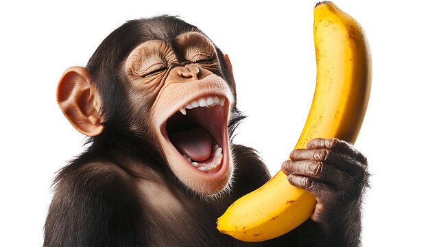 african monkey is smiling with a banana on white background