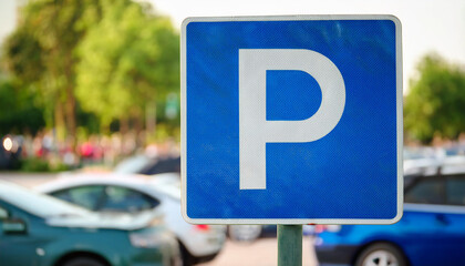 Blue metal city street parking sign, blurred cars in background. Urban car park space, traffic