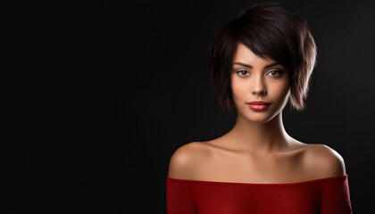 studio portrait of a brunette woman with short hair and nude shoulders wearing a low cut red mini dress  on a black background, space for text on the left, fashion photography	