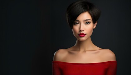 Fototapeta premium studio portrait of a brunette woman with short hair and nude shoulders wearing a low cut red mini dress on a black background, space for text on the left, fashion photography 