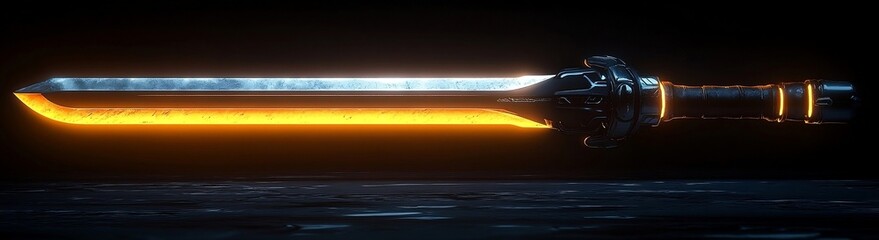 Fiery dual-element energy sword radiates intense orange-red flames and cold blue energy sparks in darkness