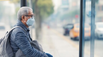 Elderly man waiting at a bus stop while wearing a face mask, demonstrating unhealthy environment for old people.