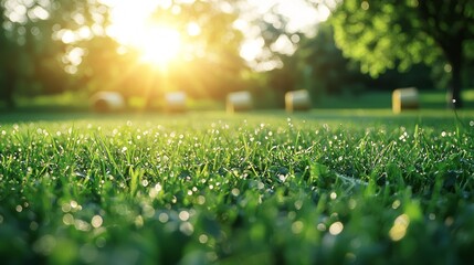 Fototapeta premium Dew-kissed blades of grass sparkle in the morning light, creating a serene atmosphere in a lush green pasture with hay bales resting under gentle sunlight
