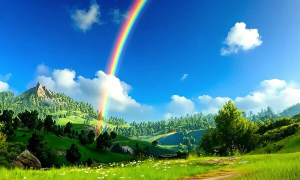 Lush green landscape with vibrant rainbow arching over rolling hills and mountains under bright blue sky with fluffy clouds