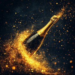 Celebratory Champagne Bottle Bursting with Golden Sparkles on a Dark Textured Backdrop