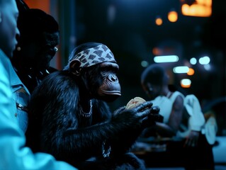 Chimpanzee Bandana Head Wear Eating Food With Associates In Night Setting Group Scene