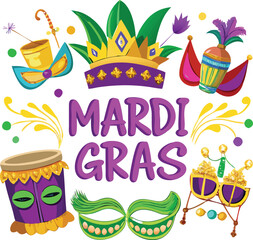Decorative Mardi Gras Drum, Mask, and Beads Design