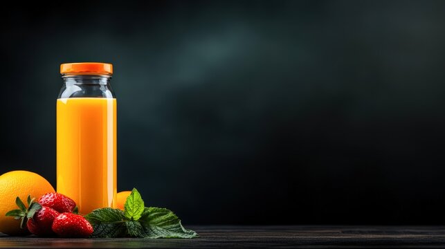 A vibrant bottle of orange juice stands next to fresh strawberries and an orange, set against a dark background, This image is perfect for promoting healthy beverages, breakfast options