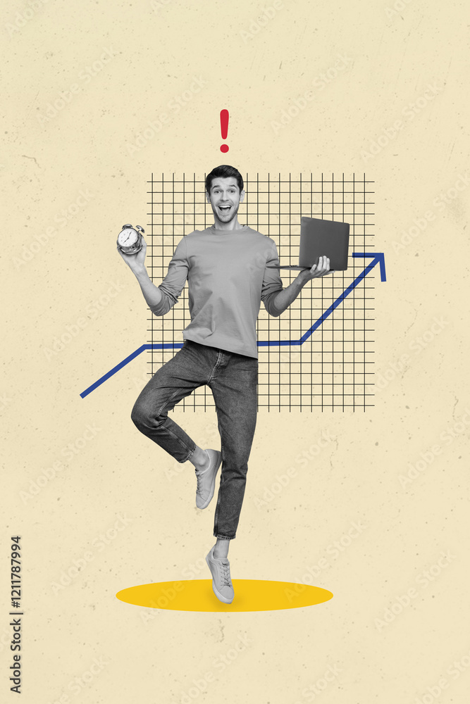 Poster poster image vertical photo collage of happy man freelancer stand one leg multitask workload laptop 
