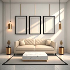 Fototapeta premium Frame mockup, 3D render , ISO A paper size. Living room wall poster mockup. Interior mockup with house background. Modern interior design.