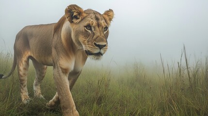 Obraz premium Majestic lioness walking through misty grassland.