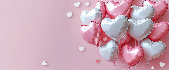 White and pink heart balloons on pink background.