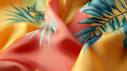 Draped Tropical Print Fabric Showing Orange and Yellow Hues