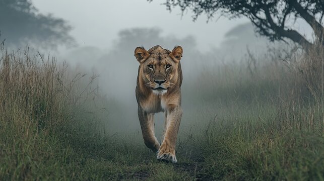 Majestic lioness walking towards the camera in a misty savanna.
