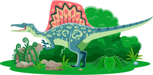 Dinosaur, cartoon prehistoric lizard of Spinosaurus dino animal, vector character. Spinosaurus dinosaur of Spinosaurid species with spine spikes, prehistoric era lizard in jungle for paleontology