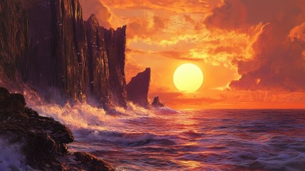 Rugged cliffside with waves hitting the rocks, framed by a fiery orange sunset in the distance