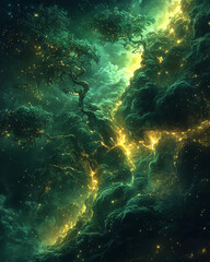 Fototapeta premium enigmatic green forest with glowing paths of bioluminescence under a star-dotted night sky