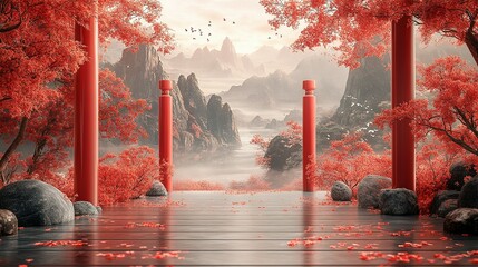 Serene Autumnal Landscape with Red Pillars and Misty Mountains