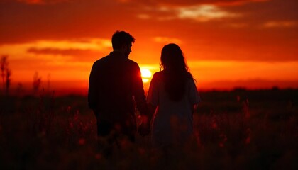 A romantic silhouette of a couple holding hands against a stunning sunset over the ocean. This beautiful image captures love and connection, perfect for relationship themes and romantic content.
