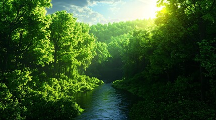 Lush Green Forest with Tranquil River Under A Bright Blue Sky