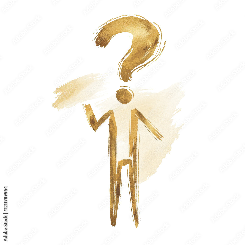 Poster an abstract watercolor painting depicts a golden human figure with a question mark as its head symbo