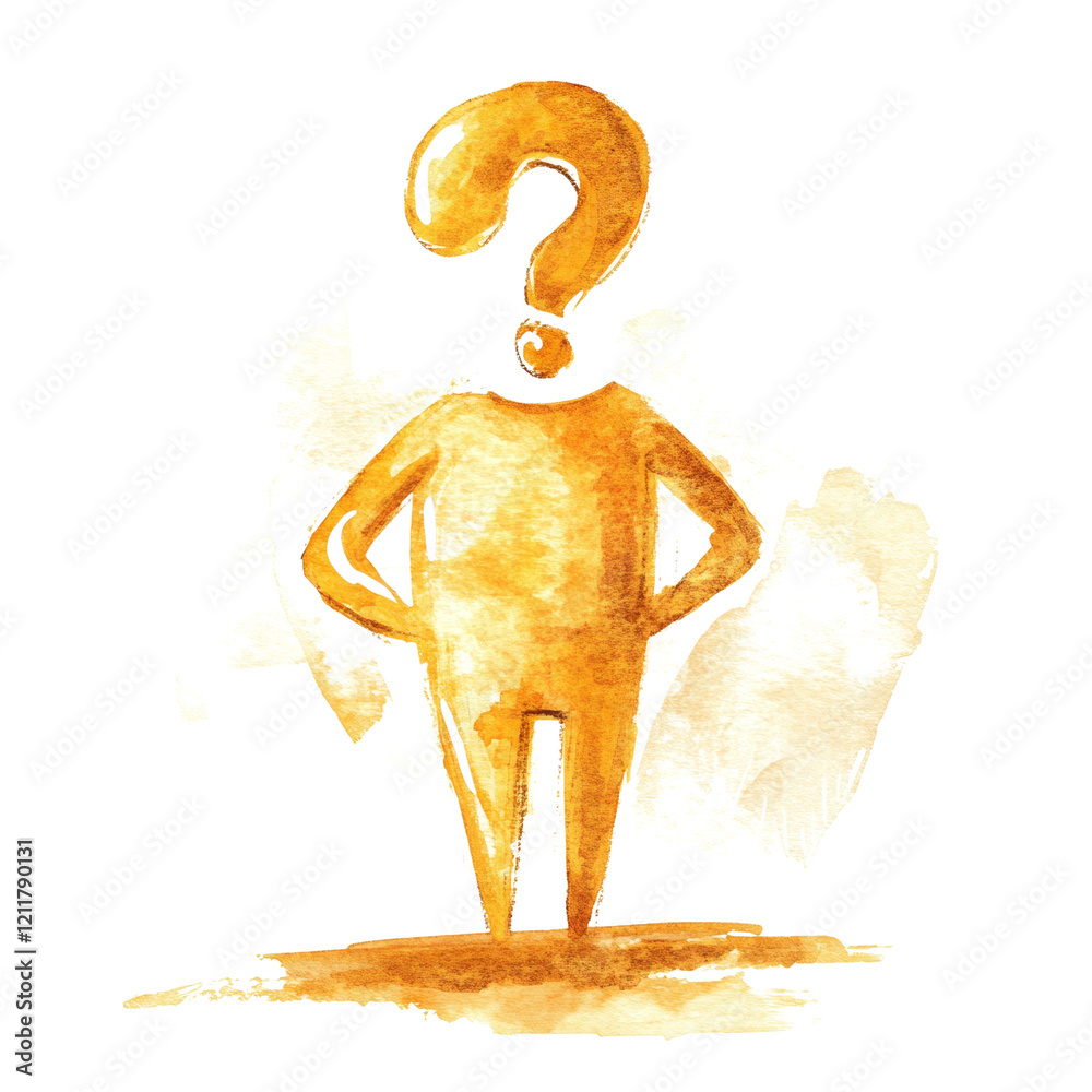 Poster an abstract watercolor painting depicts a person whose head is replaced by a question mark symbolizi