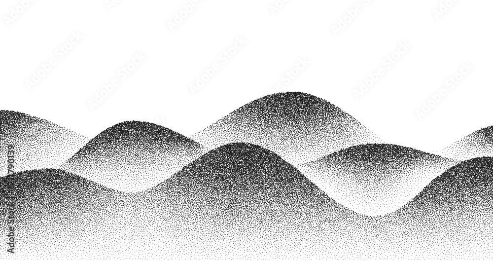 Poster Noise grain halftone hills and mountains landscape vector background. Black noise gradient dots mountain range with sand texture and stipple pattern. Abstract grain hills terrain and waves dotwork