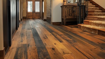 Warm wooden flooring with subtle distressed details, giving an inviting rustic touch to a modern entryway.