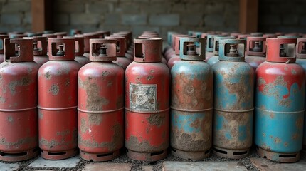 Rustic LPG Cylinders Arranged Neatly in Rows with Weathered Texture