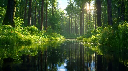 Fototapeta premium Serene Forest Landscape with Reflections in Calm Water Stream