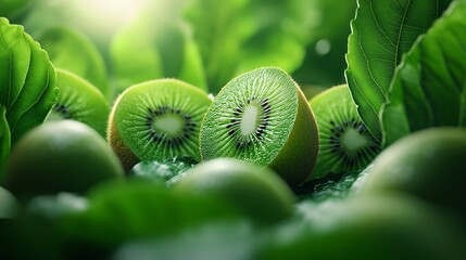Soczyste owoce kiwi z zielonymi liśćmi w naturalnym świetle, ukazujące ich świeżość i kolorystykę.