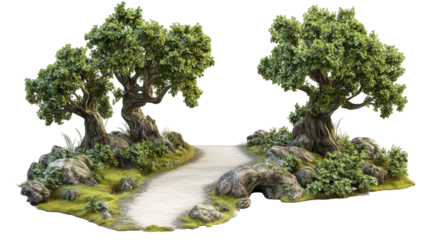 serene forest pathway surrounded by lush greenery and rocks, inviting exploration and tranquility. vibrant trees create mystical atmosphere, perfect for nature lovers