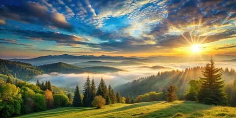 Obraz premium Serene Sunrise Over Misty Mountain Valley with Sun Rays Illuminating Lush Green Landscape