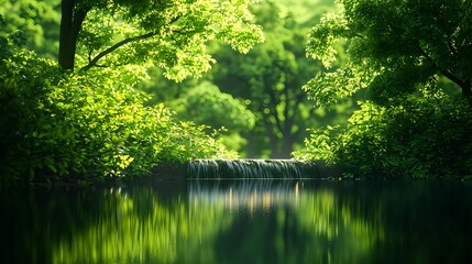 Fototapeta premium Serene Green Landscape with Water Flowing in Calm Reflection