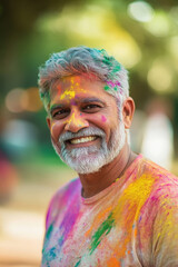 senior indian man playing holi