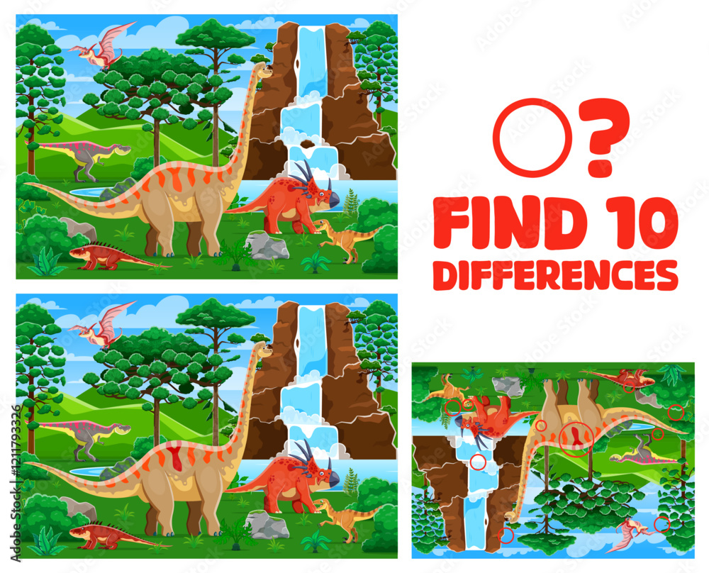 Poster find ten differences on prehistoric landscape with dinosaurs. difference search kids game or riddle,