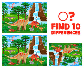 Find ten differences on prehistoric landscape with dinosaurs. Difference search kids game or riddle, matching puzzle. Find ten differences quiz vector worksheet with cute dinosaurs on landscape © Vector Tradition