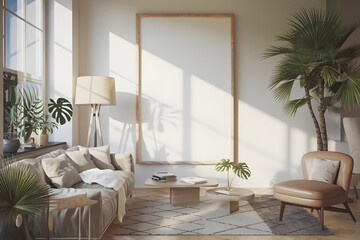 Modern Minimalist Living Room Interior Design Mockup Featuring a Large Wooden Frame and Beige Sofa Stylish Home Decor with Natural Light and Plants Perfect for Artwork Presentation and Interior Design