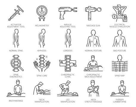Chiropractic medicine line icons, vector massage therapy, physiotherapy and rehabilitation. Chiropractor doctor, physio medical treatment for back, spine and neck pain, chiropractic equipment symbols