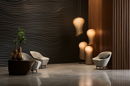 Luxurious hotel lobby featuring contemporary furniture, designer lighting, and a textured wall, creating a sophisticated and welcoming atmosphere