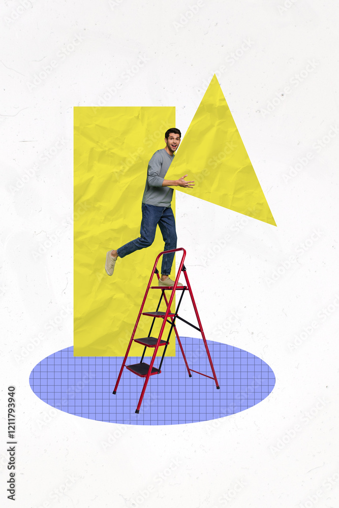 Aufkleber creative artwork template sketch image 3d collage of young man stand ladder high hold triangle figur